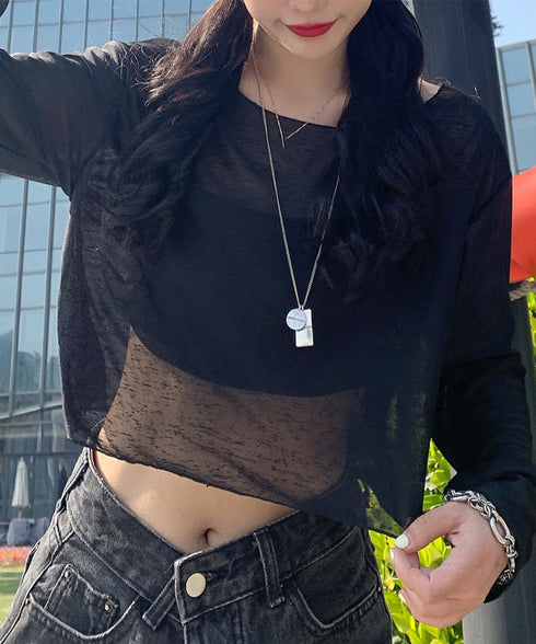 シアートップス 透け感 韓国風カジュアル 長袖カットソー レディース 肌見せ クルーネックプルオーバー 薄手 無地Tシャツ 重ね着 レイヤード 日焼け対策 軽い 89CXN-041