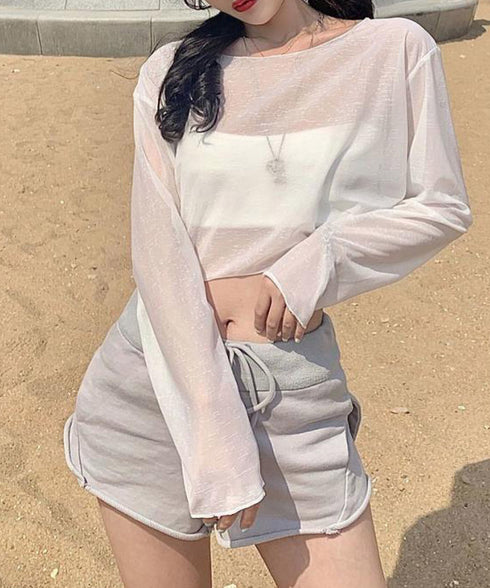 シアートップス 透け感 韓国風カジュアル 長袖カットソー レディース 肌見せ クルーネックプルオーバー 薄手 無地Tシャツ 重ね着 レイヤード 日焼け対策 軽い 89CXN-041