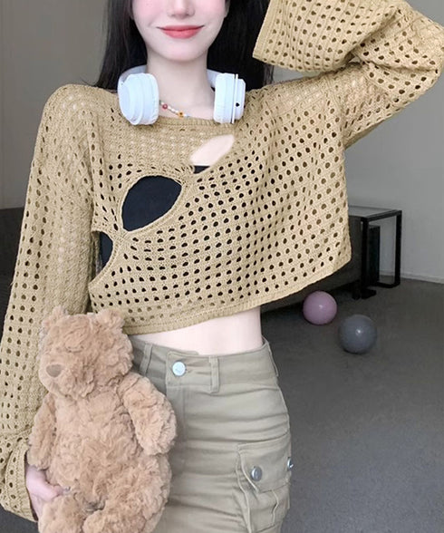 メッシュ編み サマーニット レディース夏 シアーニット 長袖プルオーバー メッシュニット ニットブラウス 重ね着 穴あき加工ニット 肌見せ透け感 ショート丈 89DWEI-005
