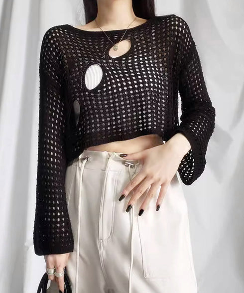 メッシュ編み サマーニット レディース夏 シアーニット 長袖プルオーバー メッシュニット ニットブラウス 重ね着 穴あき加工ニット 肌見せ透け感 ショート丈 89DWEI-005