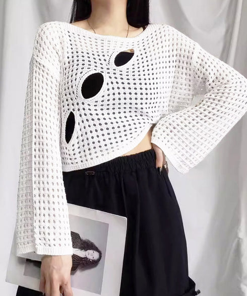 メッシュ編み サマーニット レディース夏 シアーニット 長袖プルオーバー メッシュニット ニットブラウス 重ね着 穴あき加工ニット 肌見せ透け感 ショート丈 89DWEI-005