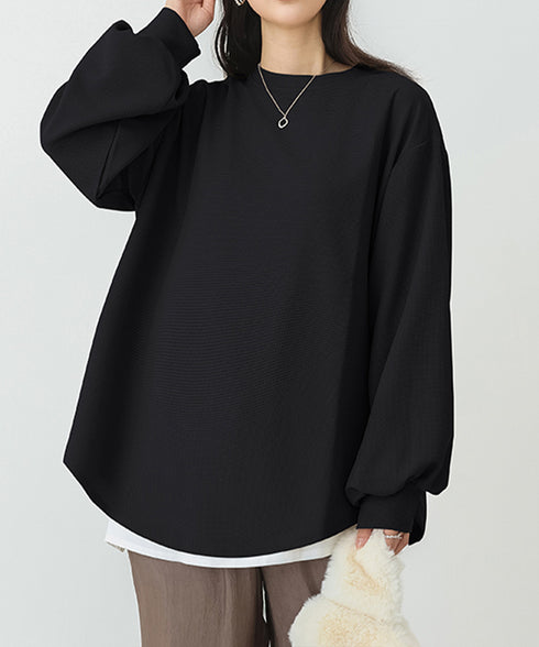 トレーナーレディーススウェットシャツ薄手 パフスリーブ 無地 トップス おしゃれ長袖プルオーバー 体型カバーカットソー ゆったり春秋服オルチャン ワッフル生地 89EKDZ-004