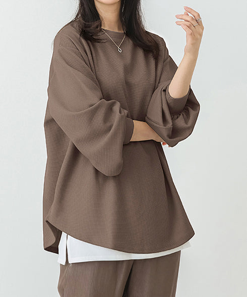 トレーナーレディーススウェットシャツ薄手 パフスリーブ 無地 トップス おしゃれ長袖プルオーバー 体型カバーカットソー ゆったり春秋服オルチャン ワッフル生地 89EKDZ-004