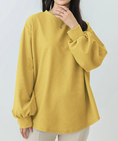 トレーナーレディーススウェットシャツ薄手 パフスリーブ 無地 トップス おしゃれ長袖プルオーバー 体型カバーカットソー ゆったり春秋服オルチャン ワッフル生地 89EKDZ-004