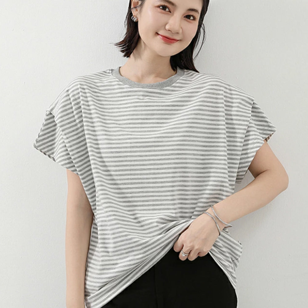 ショルダータックTシャツ レディース半袖 ライトグレー*ボーダー
