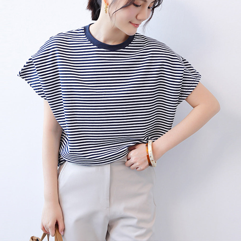ショルダータックTシャツ レディース半袖 ネイビー*ボーダー