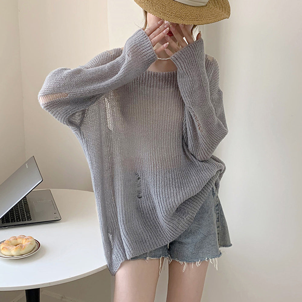 ニットトップス ダメージ入り ゆったり グレー