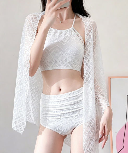 セパレート3点セット水着ハイウエスト美脚 ビキニ水着 ママ露出控えめ水着 体型カバー レディース スイムウェア 大人可愛い 韓国風上下セット 海水浴 無地タンキニ 89MIAOM-004