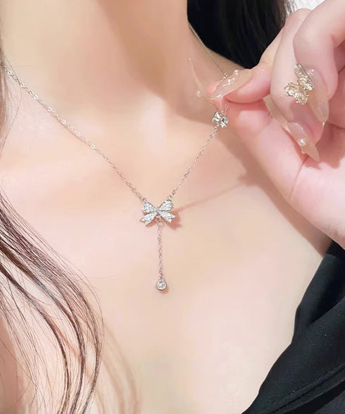 揺れるリボンネックレス Y字首飾り韓国風 レディース 細めチェーンネックレス 大人上品ジュエリー 輝く プチプラアクセサリー キラキララインストーン 結婚式披露宴 89MIGE-002