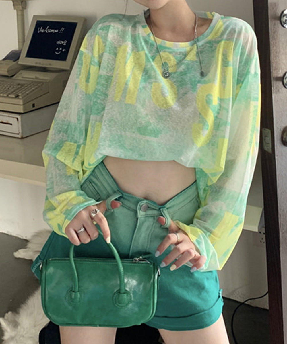 シアートップス 長袖レディースカットソー イエロー×グリーン