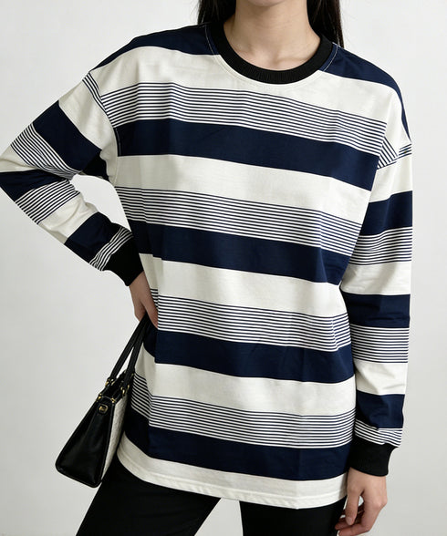 ボーダー柄Tシャツカットソープルオーバー レディース 長袖Tシャツ 大きいサイズ 丸首 春秋薄手トップス 体型カバー 着やせ服 クルーネック プルオーバーおしゃれ 89NUOYI-004