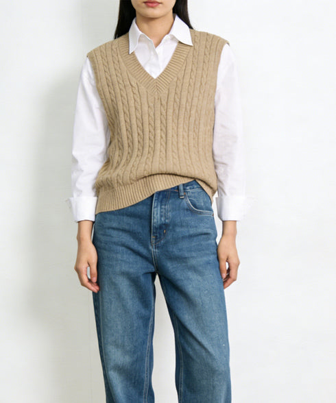 ニットベスト ケーブル編み 重ね着韓国風 体型カバー レイヤードベスト レディース 大人カジュアル ニットトップス Vネック ニットジレ ノースリーブニットソー 89PYHY-001