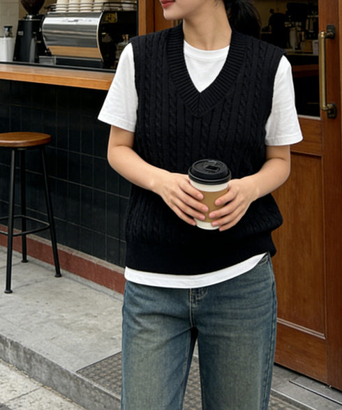 ニットベスト ケーブル編み 重ね着韓国風 体型カバー レイヤードベスト レディース 大人カジュアル ニットトップス Vネック ニットジレ ノースリーブニットソー 89PYHY-001