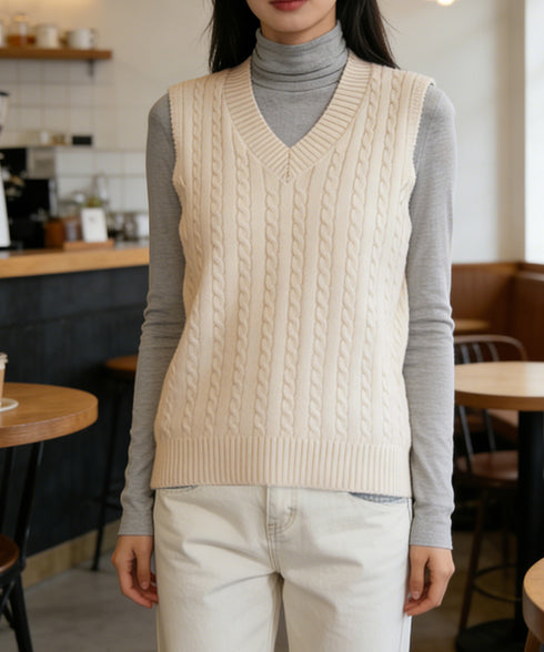 ニットベスト ケーブル編み 重ね着韓国風 体型カバー レイヤードベスト レディース 大人カジュアル ニットトップス Vネック ニットジレ ノースリーブニットソー 89PYHY-001