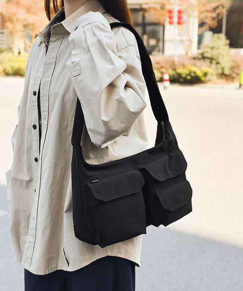 ショルダーバッグ 肩掛けナイロン鞄 軽量 ワンショルダートートバッグ ポケット付き レディース かばん ベーシック 通学通勤カバン カジュアル 多収納手提げ鞄 黒 89XFENG-067