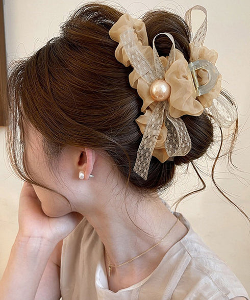 パールリボンヘアクリップ 韓国風まとめ髪 ヘアアクセサリー レディース ヘアアレンジ 上品髪留め ボリューム レースリボンバレッタ 大人フェミニン バンスクリップ 89XINCH-001