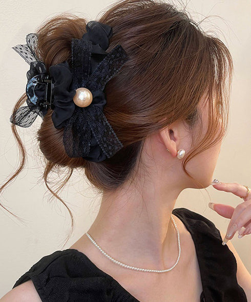 パールリボンヘアクリップ 韓国風まとめ髪 ヘアアクセサリー レディース ヘアアレンジ 上品髪留め ボリューム レースリボンバレッタ 大人フェミニン バンスクリップ 89XINCH-001