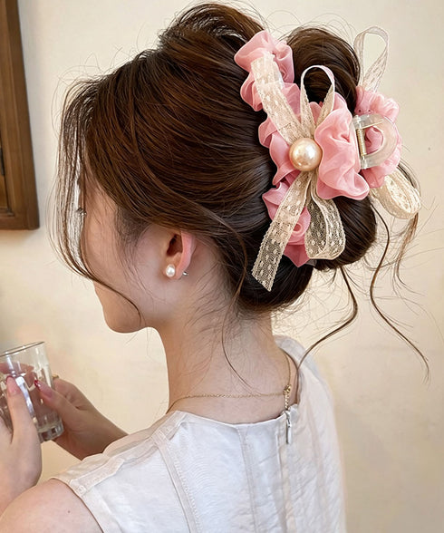 パールリボンヘアクリップ 韓国風まとめ髪 ヘアアクセサリー レディース ヘアアレンジ 上品髪留め ボリューム レースリボンバレッタ 大人フェミニン バンスクリップ 89XINCH-001