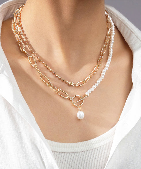 フェイクパールネックレス チョーカー韓流 太めチェーンネックレス プチプラ ストリートアクセサリー 首飾り ゴールド パーティー ロングお洒落 重ね付け 2WAY 89XUER-014
