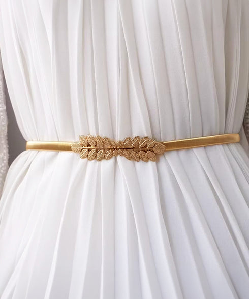 細ベルト ストレッチ ウエストチェーン ウエストベルト レディース フィット 金属製ベルト 葉っぱモチーフ ウエストマーク 細見え ゴールドチェーンベルト 上品 89YUNTU-016