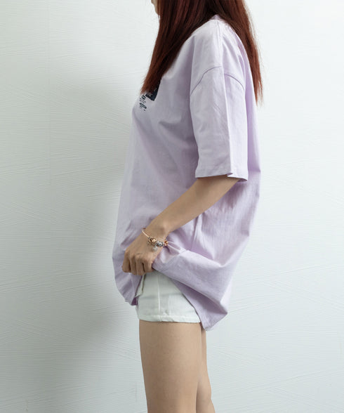 Tシャツ英文字 ロゴプリント半袖Tシャツ レディース ロゴtシャツ ゆったり 着やせ ロングtシャツ トップス シンプル プルオーバー 無地Tシャツ 体型カバー 89BAO-001