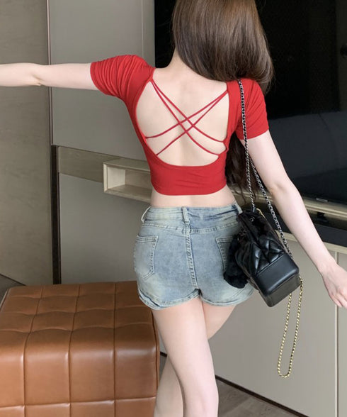 背中あきトップス カップ付き ブラトップ カットソー レディース 丸首ネックTシャツ バッククロス 韓国風 バックオープン 短い丈 無地お洒落ヨガウェア セクシー 89BEIM-001