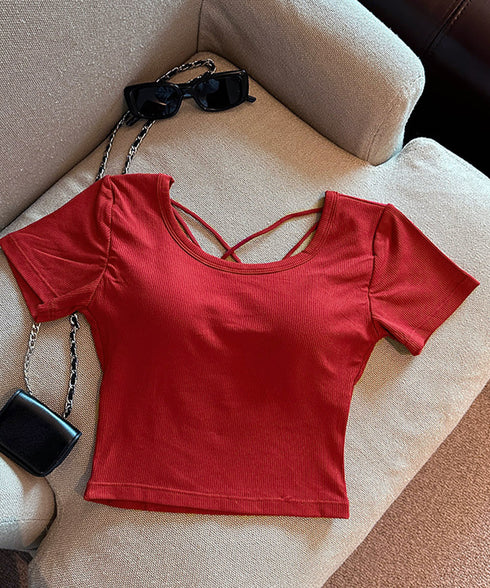 背中あきトップス カップ付き ブラトップ カットソー レディース 丸首ネックTシャツ バッククロス 韓国風 バックオープン 短い丈 無地お洒落ヨガウェア セクシー 89BEIM-001