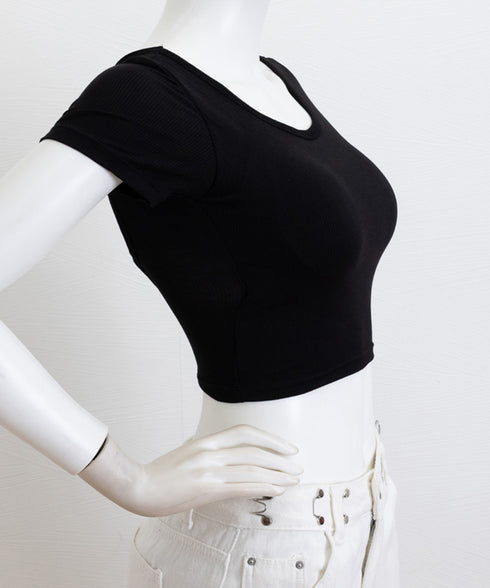 背中あきトップス カップ付き ブラトップ カットソー レディース 丸首ネックTシャツ バッククロス 韓国風 バックオープン 短い丈 無地お洒落ヨガウェア セクシー 89BEIM-001