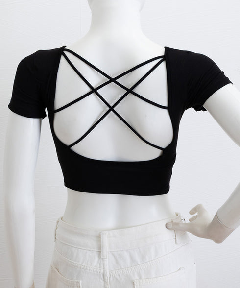 背中あきトップス カップ付き ブラトップ カットソー レディース 丸首ネックTシャツ バッククロス 韓国風 バックオープン 短い丈 無地お洒落ヨガウェア セクシー 89BEIM-001