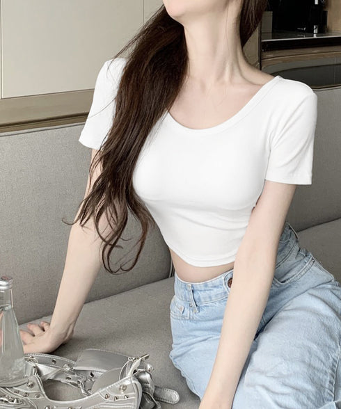 背中あきトップス カップ付き ブラトップ カットソー レディース 丸首ネックTシャツ バッククロス 韓国風 バックオープン 短い丈 無地お洒落ヨガウェア セクシー 89BEIM-001