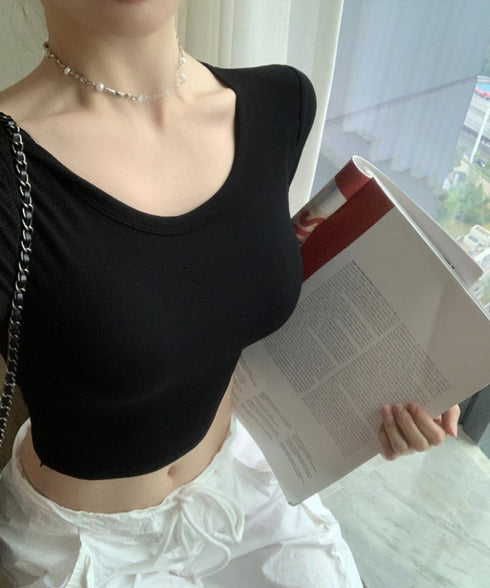 背中あきトップス カップ付き ブラトップ カットソー レディース 丸首ネックTシャツ バッククロス 韓国風 バックオープン 短い丈 無地お洒落ヨガウェア セクシー 89BEIM-001