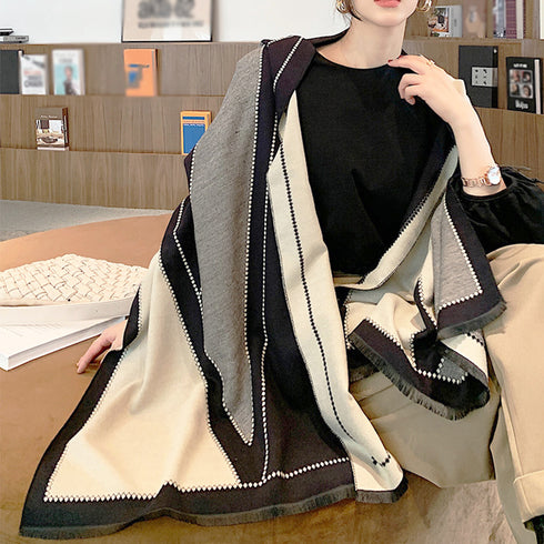 大判マフラー リバーシブル 幾何学柄 ストール 秋冬 かわいい フリンジマフラー レディース 防寒保温 ネックウォーマー 暖かい 肌触り良い 89CAIMENG-002
