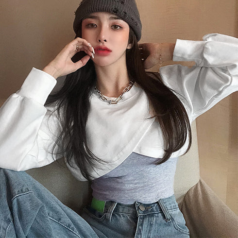 Tシャツセットアップ 韓国風お洒落 春秋 トップス レディース 2点セット ショート丈 ボリューム袖 スウェット 女子可愛い カジュアル 長袖 クロップド丈クール 89CHANGY-001