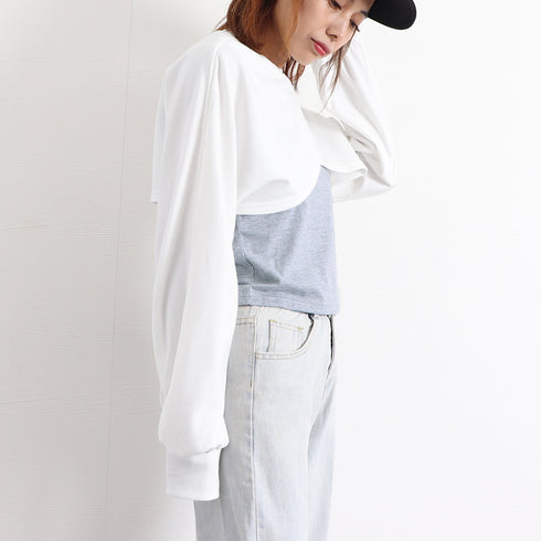 Tシャツセットアップ 韓国風お洒落 春秋 トップス レディース 2点セット ショート丈 ボリューム袖 スウェット 女子可愛い カジュアル 長袖 クロップド丈クール 89CHANGY-001