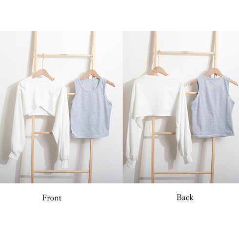 Tシャツセットアップ 韓国風お洒落 春秋 トップス レディース 2点セット ショート丈 ボリューム袖 スウェット 女子可愛い カジュアル 長袖 クロップド丈クール 89CHANGY-001