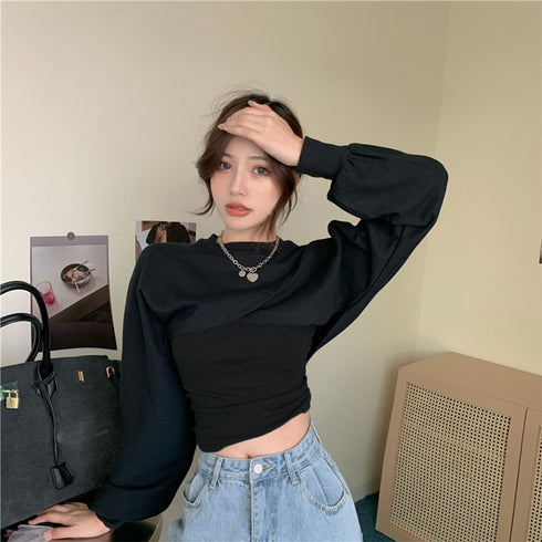 Tシャツセットアップ 韓国風お洒落 春秋 トップス レディース 2点セット ショート丈 ボリューム袖 スウェット 女子可愛い カジュアル 長袖 クロップド丈クール 89CHANGY-001