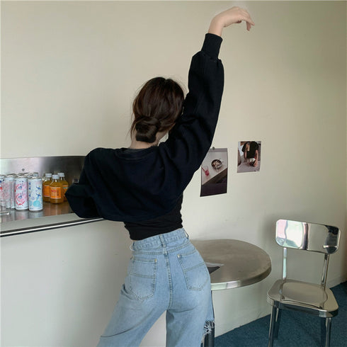 Tシャツセットアップ 韓国風お洒落 春秋 トップス レディース 2点セット ショート丈 ボリューム袖 スウェット 女子可愛い カジュアル 長袖 クロップド丈クール 89CHANGY-001