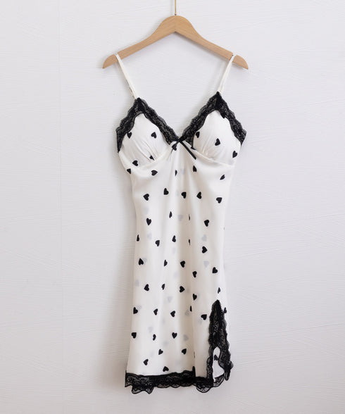 サテン調ベビードール パッド付きパジャマ ルームウェア レディース 滑らか セクシー花柄キャミワンピ 体型カバー レース切り替え ハート柄 Vネック スリット入り 89CHFEN-001