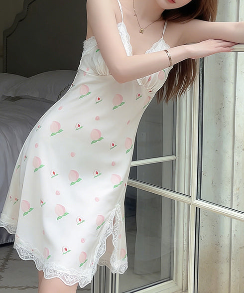 サテン調ベビードール パッド付きパジャマ ルームウェア レディース 滑らか セクシー花柄キャミワンピ 体型カバー レース切り替え ハート柄 Vネック スリット入り 89CHFEN-001