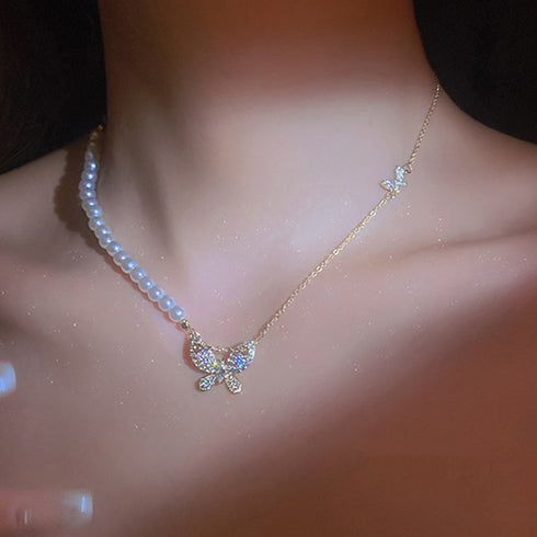 異素材mix チョーカーネックレス 蝶々 蝶々柄 チェーンパールネックレス レディース 切り替えデザイン おしゃれ 贈り物 アクセサリー カジュアル ジュエリー 89CHUFU-008