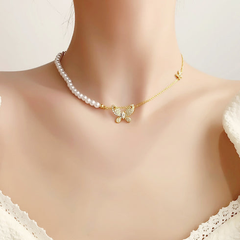 異素材mix チョーカーネックレス 蝶々 蝶々柄 チェーンパールネックレス レディース 切り替えデザイン おしゃれ 贈り物 アクセサリー カジュアル ジュエリー 89CHUFU-008