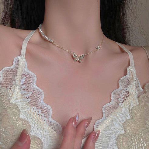 異素材mix チョーカーネックレス 蝶々 蝶々柄 チェーンパールネックレス レディース 切り替えデザイン おしゃれ 贈り物 アクセサリー カジュアル ジュエリー 89CHUFU-008