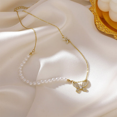 異素材mix チョーカーネックレス 蝶々 蝶々柄 チェーンパールネックレス レディース 切り替えデザイン おしゃれ 贈り物 アクセサリー カジュアル ジュエリー 89CHUFU-008