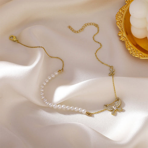 異素材mix チョーカーネックレス 蝶々 蝶々柄 チェーンパールネックレス レディース 切り替えデザイン おしゃれ 贈り物 アクセサリー カジュアル ジュエリー 89CHUFU-008