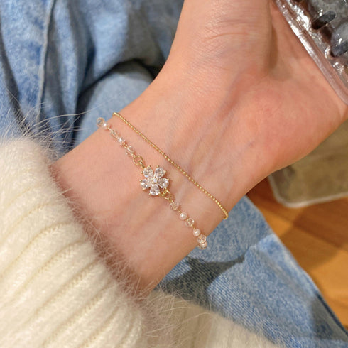 2連チェーンブレスレット レディース上品 花モチーフブレスレット バングル フェイクパール キラキラ 結婚式 ラインストーン ギフト 小粒パール 大人人気 女子会 89CHUFU-009