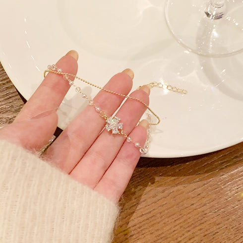 2連チェーンブレスレット レディース上品 花モチーフブレスレット バングル フェイクパール キラキラ 結婚式 ラインストーン ギフト 小粒パール 大人人気 女子会 89CHUFU-009