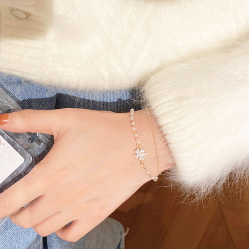 2連チェーンブレスレット レディース上品 花モチーフブレスレット バングル フェイクパール キラキラ 結婚式 ラインストーン ギフト 小粒パール 大人人気 女子会 89CHUFU-009