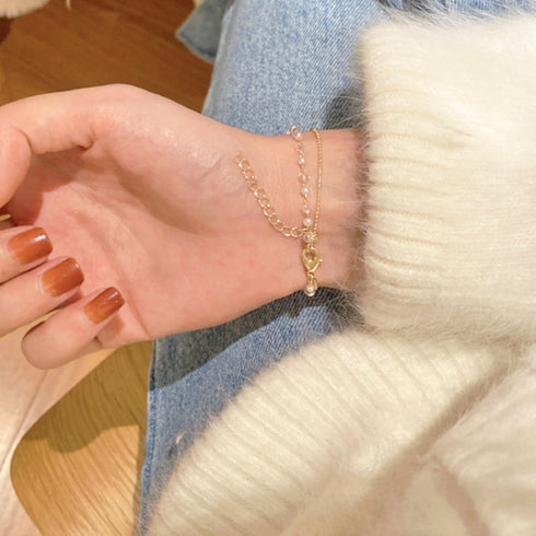 2連チェーンブレスレット レディース上品 花モチーフブレスレット バングル フェイクパール キラキラ 結婚式 ラインストーン ギフト 小粒パール 大人人気 女子会 89CHUFU-009