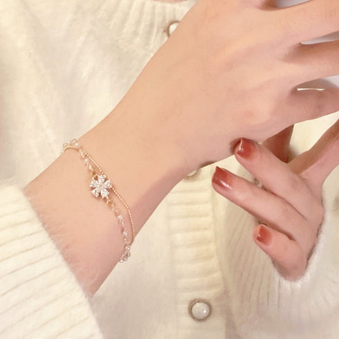 2連チェーンブレスレット レディース上品 花モチーフブレスレット バングル フェイクパール キラキラ 結婚式 ラインストーン ギフト 小粒パール 大人人気 女子会 89CHUFU-009