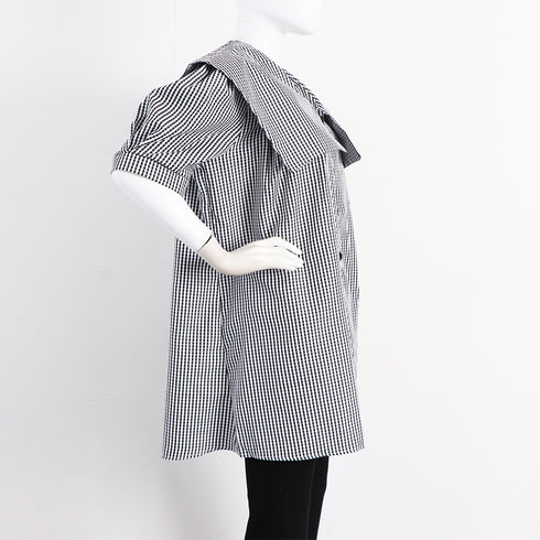 セーラーカラー シャツワンピース ミニ ワンピース 韓国風 ゆったり オーバーサイズ レディース 半袖 体型カバー BIG襟 チェック柄 ボリューム袖 大人上品 89CXN-038